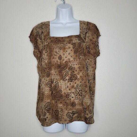 Vintage y2k grunge brown black cap sleeve paisley mixed print top size 14/16 - Picture 1 of 6